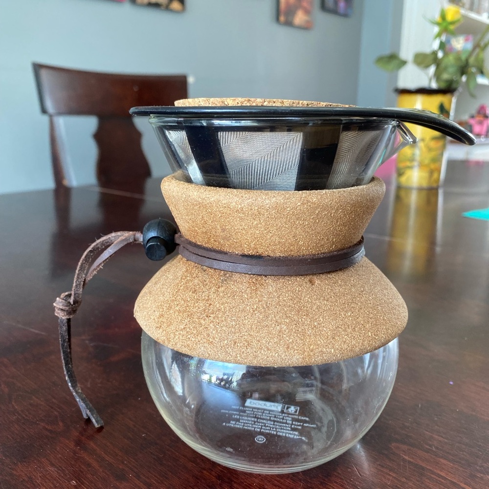 Bodum Pour-Over Coffee Maker w/ Glass Carafe, Cork Band, Leather Accent & Filter